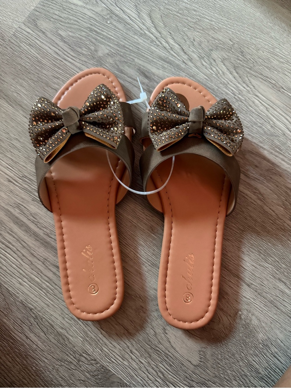 Women’s Olive Bow Slide Sandals with Studded Accent